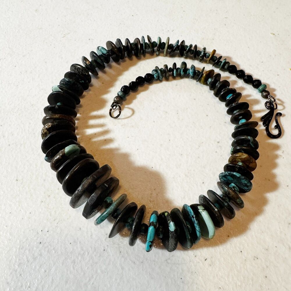 Genuine Turquoise Matrix & Black Onyx Necklace – 18" Southwestern Unisex Jewelry